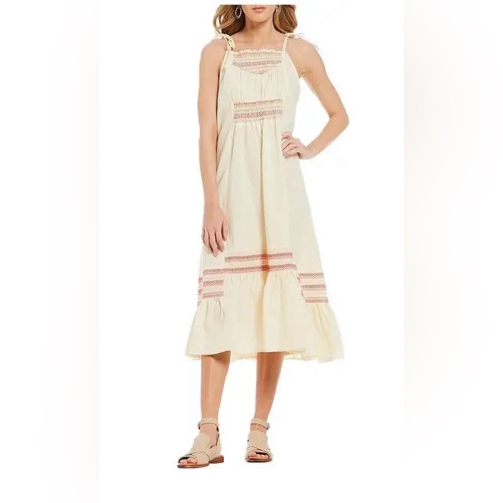 FREE PEOPLE Size M "Another Love" Smocked Midi Dress Embroidered Cream Linen
